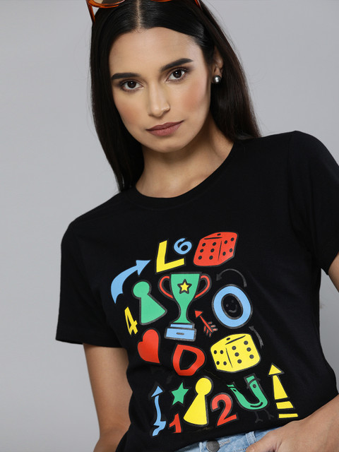 

Kook N Keech Women Black Printed Round Neck T-shirt