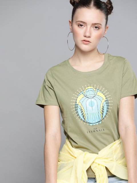

Kook N Keech Marvel Women Green & Blue Pure Cotton Brand Logo Printed T-shirt