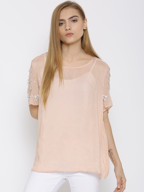 

Vero Moda Peach-Coloured Sheer Embellished Boxy Top