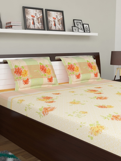 

BOMBAY DYEING Yellow & Orange Floral 210 TC Cotton 1 King Bedsheet with 2 Pillow Covers