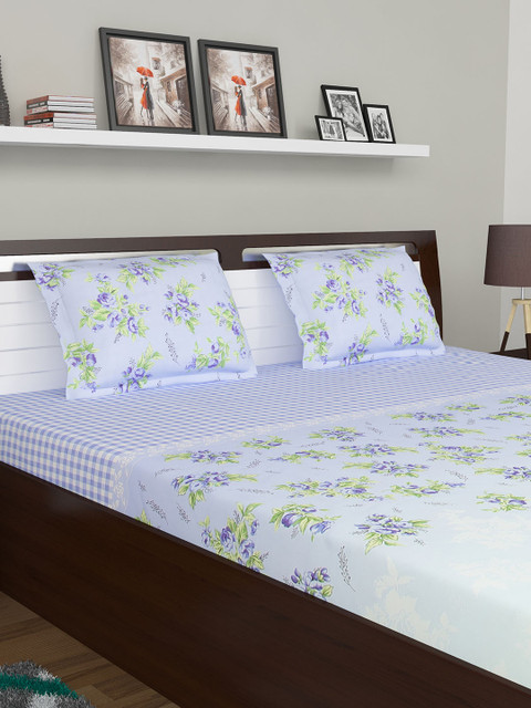 

BOMBAY DYEING Blue & Green Floral 210 TC Cotton 1 King Bedsheet with 2 Pillow Covers