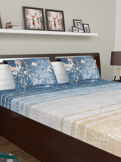 

BOMBAY DYEING Blue & Mustard Printed 210 TC Double King Bedsheet with 2 Pillow Covers