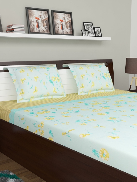 

BOMBAY DYEING Blue & Mustard Floral 210 TC Cotton 1 King Bedsheet with 2 Pillow Covers