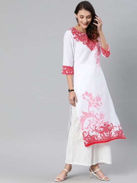 

KALINI Women White & Red Printed Straight Kurta