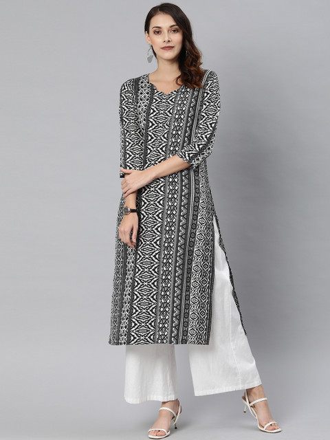 

KALINI Women White & Black Printed Straight Kurta