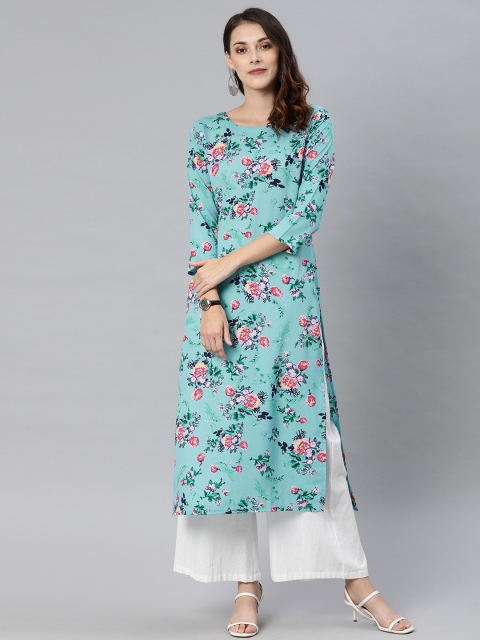 

KALINI Women Blue & Pink Floral Printed Straight Kurta