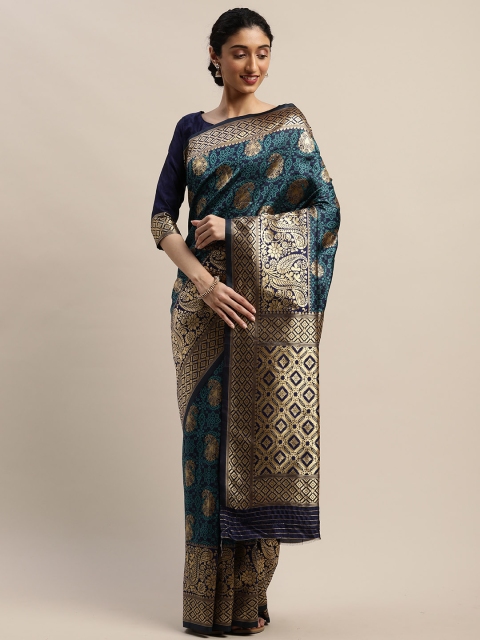

DIVASTRI Navy Blue & Blue Poly Silk Woven Design Banarasi Saree