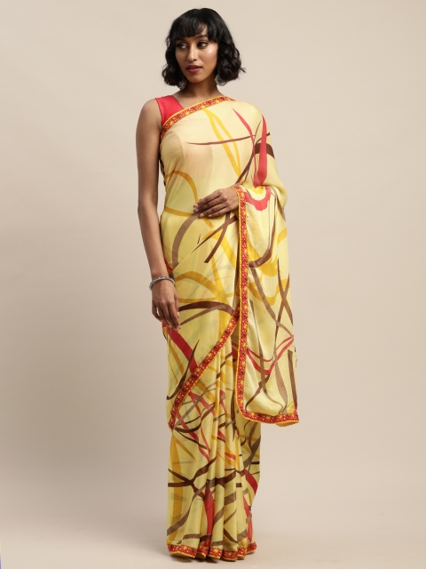 

DIVASTRI Yellow & Brown Pure Chiffon Printed Saree