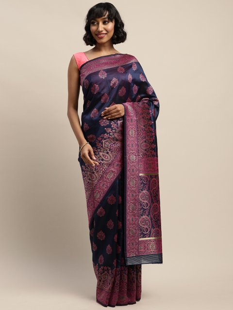 

DIVASTRI Navy Blue & Pink Poly Silk Woven Design Banarasi Saree