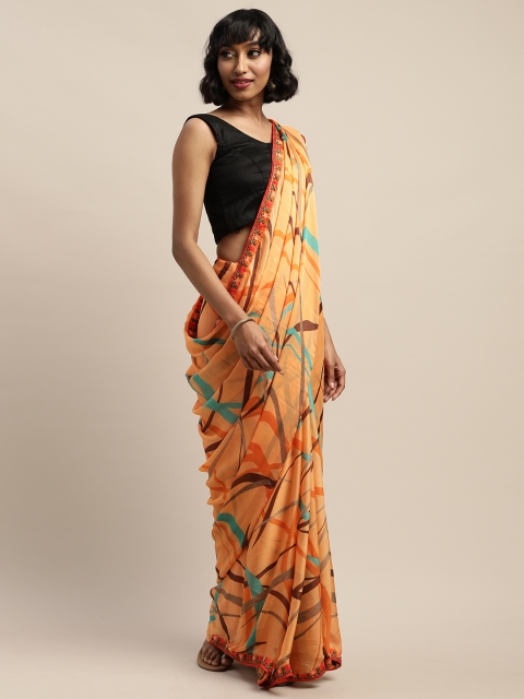 

DIVASTRI Orange Printed Pure Chiffon Saree