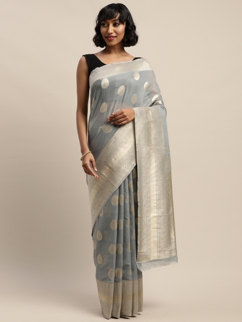 

DIVASTRI Grey & Gold-Toned Cotton Blend Woven Design Kanjeevaram Saree