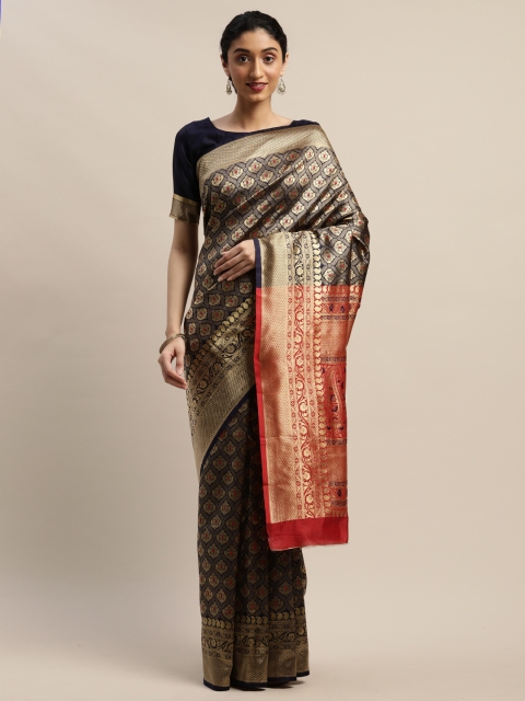 

DIVASTRI Navy Blue & Gold-Toned Woven Design Kanjeevaram Saree