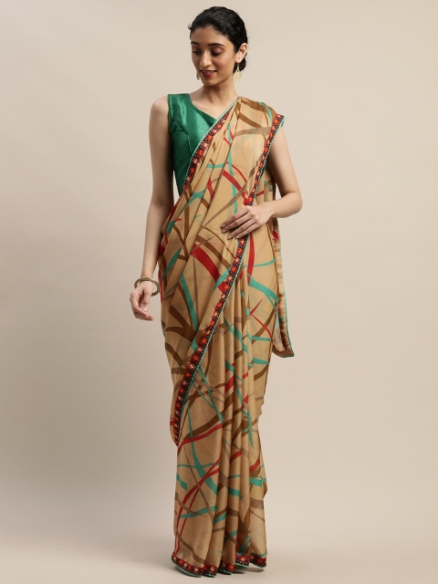 

DIVASTRI Beige & Brown Abstract Printed Pure Chiffon Saree