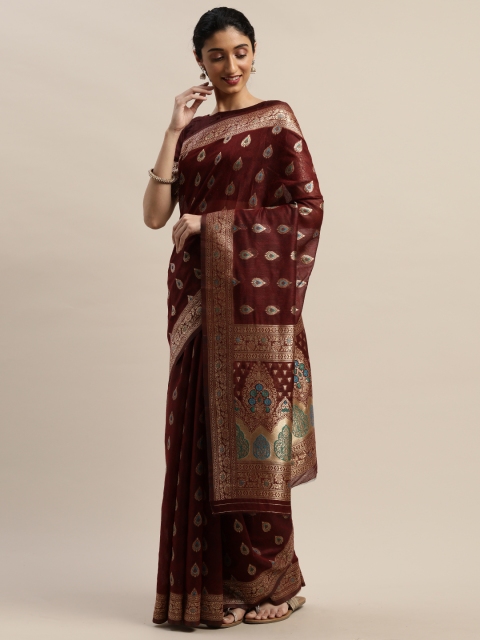 

DIVASTRI Maroon & Blue Cotton Blend Woven Design Kanjeevaram Saree