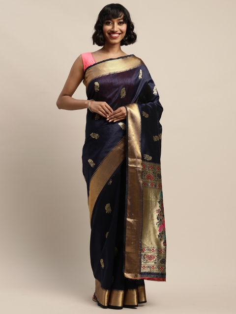 

DIVASTRI Navy Blue & Gold-Toned Art Silk Woven Design Bhagalpuri Saree