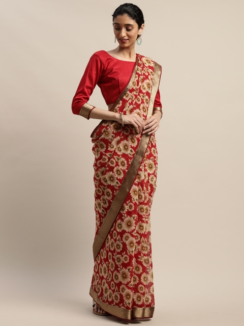 

DIVASTRI Red & Cream-Coloured Pure Chiffon Floral Printed Saree
