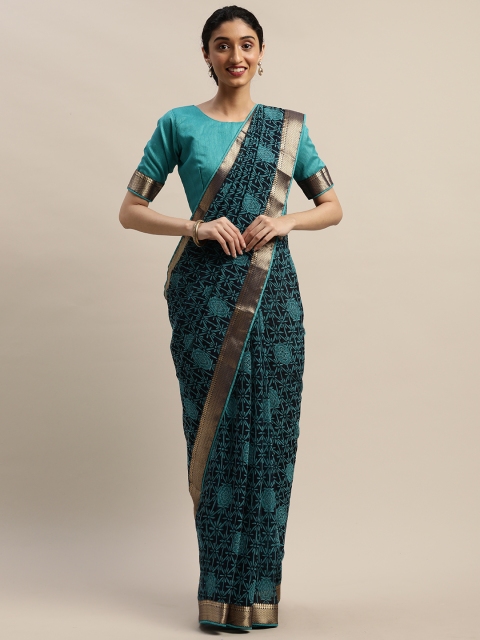 

DIVASTRI Navy Blue & Turquoise Blue Pure Chiffon Printed Saree