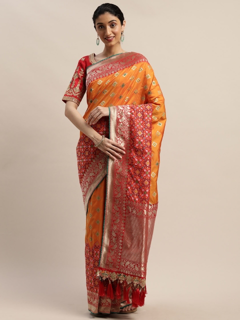 

DIVASTRI Orange & Gold-Toned Woven Design Kanjeevaram Saree