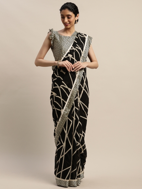 

DIVASTRI Black & Cream-Coloured Pure Georgette Printed Saree