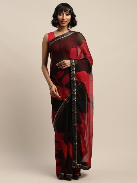 

DIVASTRI Black & Red Pure Chiffon Printed Saree