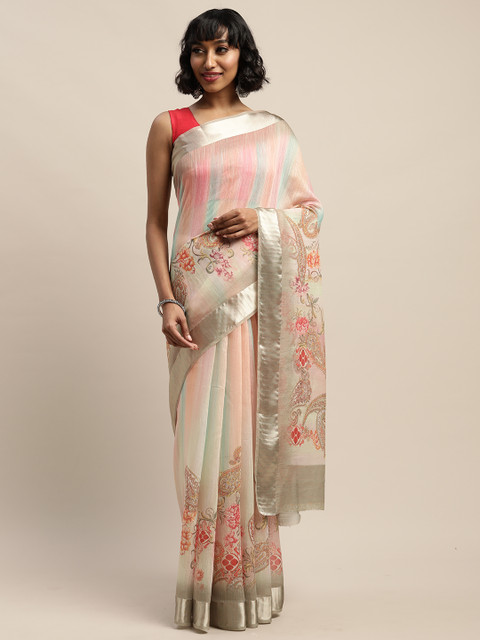 

DIVASTRI Multicoloured Pure Linen Printed Taant Saree, Multi