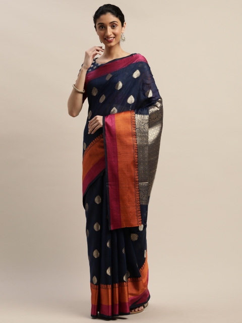 

DIVASTRI Navy Blue & Gold-Toned Woven Design Kanjeevaram Saree