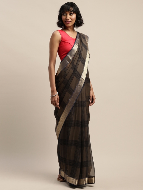 

DIVASTRI Brown & Black Pure Chiffon Checked Saree