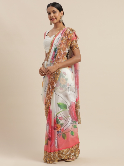 

SHAVYA White & Pink Pure Georgette Floral Printed Saree