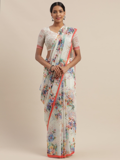 

SHAVYA White & Peach-Coloured Pure Georgette Printed Saree