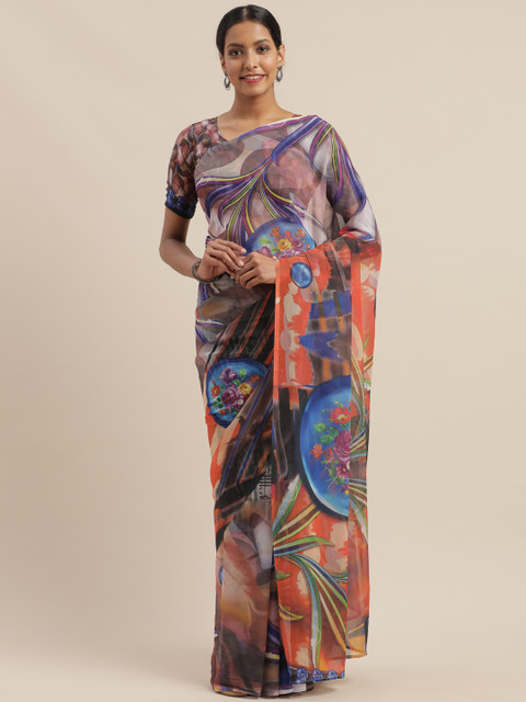 

SHAVYA Mauve & Blue Pure Georgette Printed Celebrity Saree