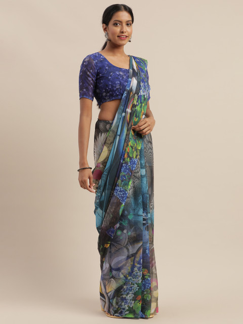 

SHAVYA Blue & Multicoloured Pure Georgette Printed Saree