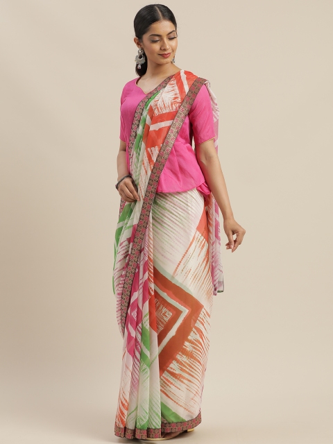 

SHAVYA White & Orange Pure Georgette Printed Saree