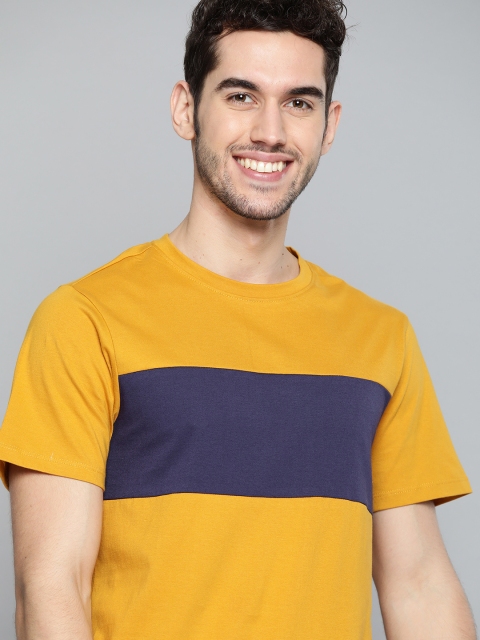 

Mast & Harbour Men Mustard Yellow & Navy Blue Colourblocked Cotton Round Neck T-shirt