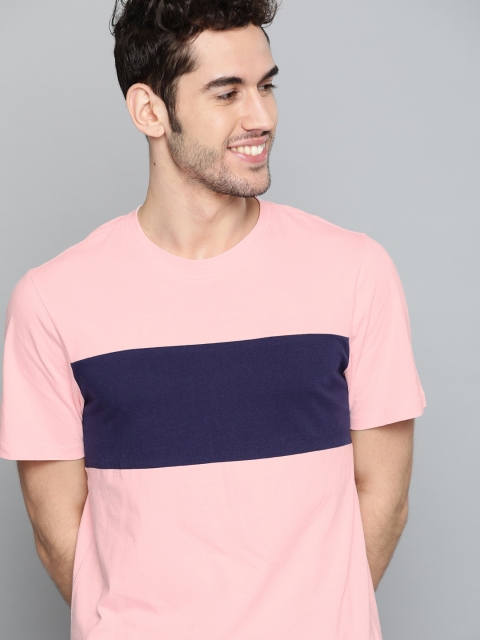 

Mast & Harbour Men Pink & Navy Blue Colourblocked Round Neck Pure Cotton T-shirt