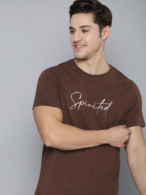 

Mast & Harbour Men Coffee Brown & White Typography Print Pure Cotton Round Neck T-shirt