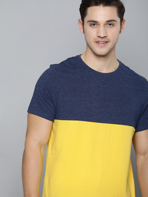 

Mast & Harbour Men Yellow & Navy Blue Colourblocked Pure Cotton Round Neck T-shirt