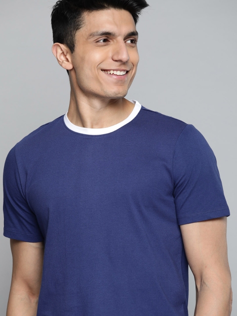 

Mast & Harbour Men Navy Blue Solid Round Neck Pure Cotton T-shirt