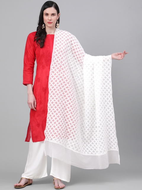 

ADA Women White Floral Embroidered Chikankari Sustainable Dupatta
