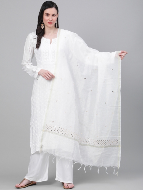 

ADA White & Golden Mukaish Hand Embroidered Sustainable Dupatta