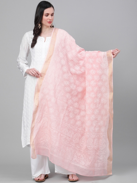 

ADA Pink & White Chikankari Hand Embroidered Dupatta