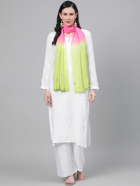 

ADA Women Green & Pink Chikankari Hand Embroidered Ombre Effect Stole