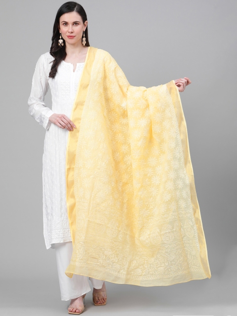 

ADA Women Yellow & White Floral Embroidered Chikankari Sustainable Kota Dupatta