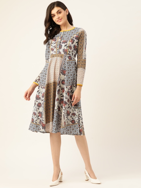 

Aayna Women Beige & Navy Printed A-Line Dress