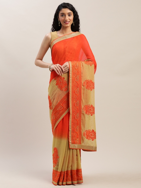 

Soch Orange & Beige Pure Chiffon Embellished Saree