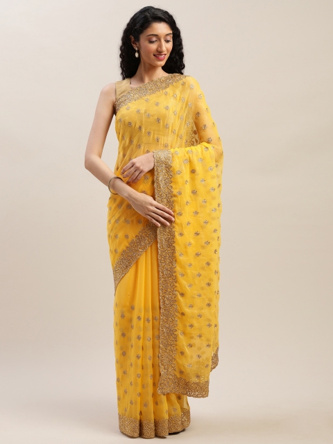 

Soch Yellow & Gold-Toned Pure Chiffon Embellished Saree