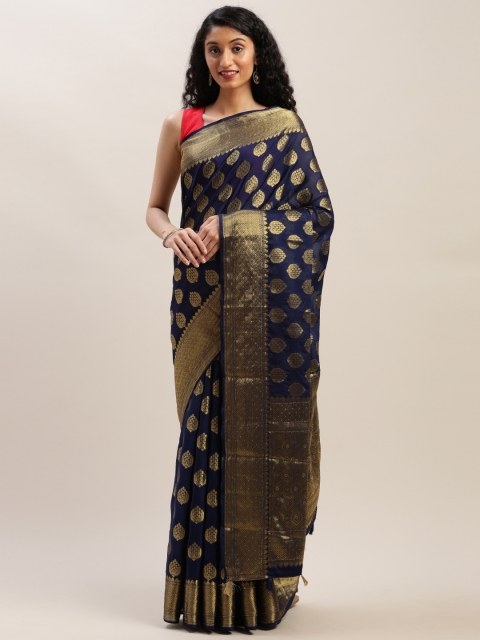 

Soch Navy Blue & Gold-Toned Pure Chiffon Woven Design Saree