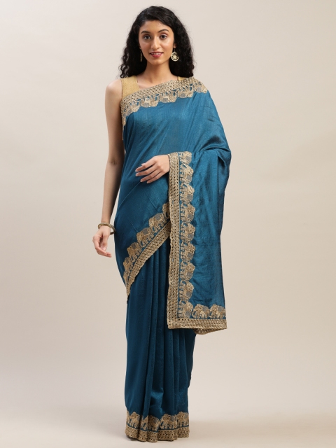 

Soch Teal Blue & Golden Pure Georgette Solid Saree