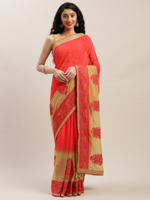 

Soch Red & Beige Pure Chiffon Embellished Saree