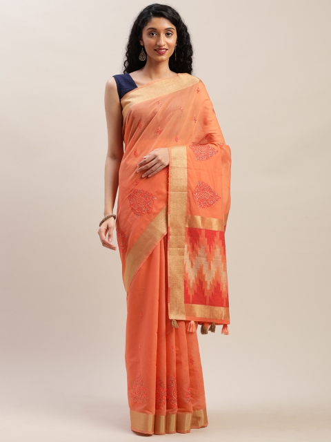 

Soch Peach-Coloured & Golden Poly Silk Embroidered Saree
