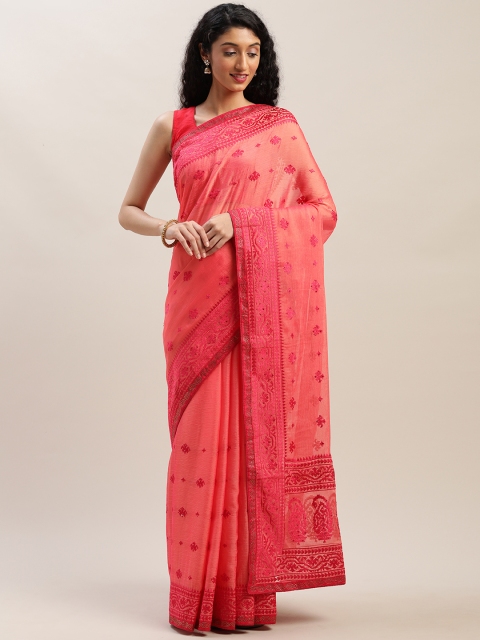 

Soch Coral Pink Embroidered Pure Chiffon Saree